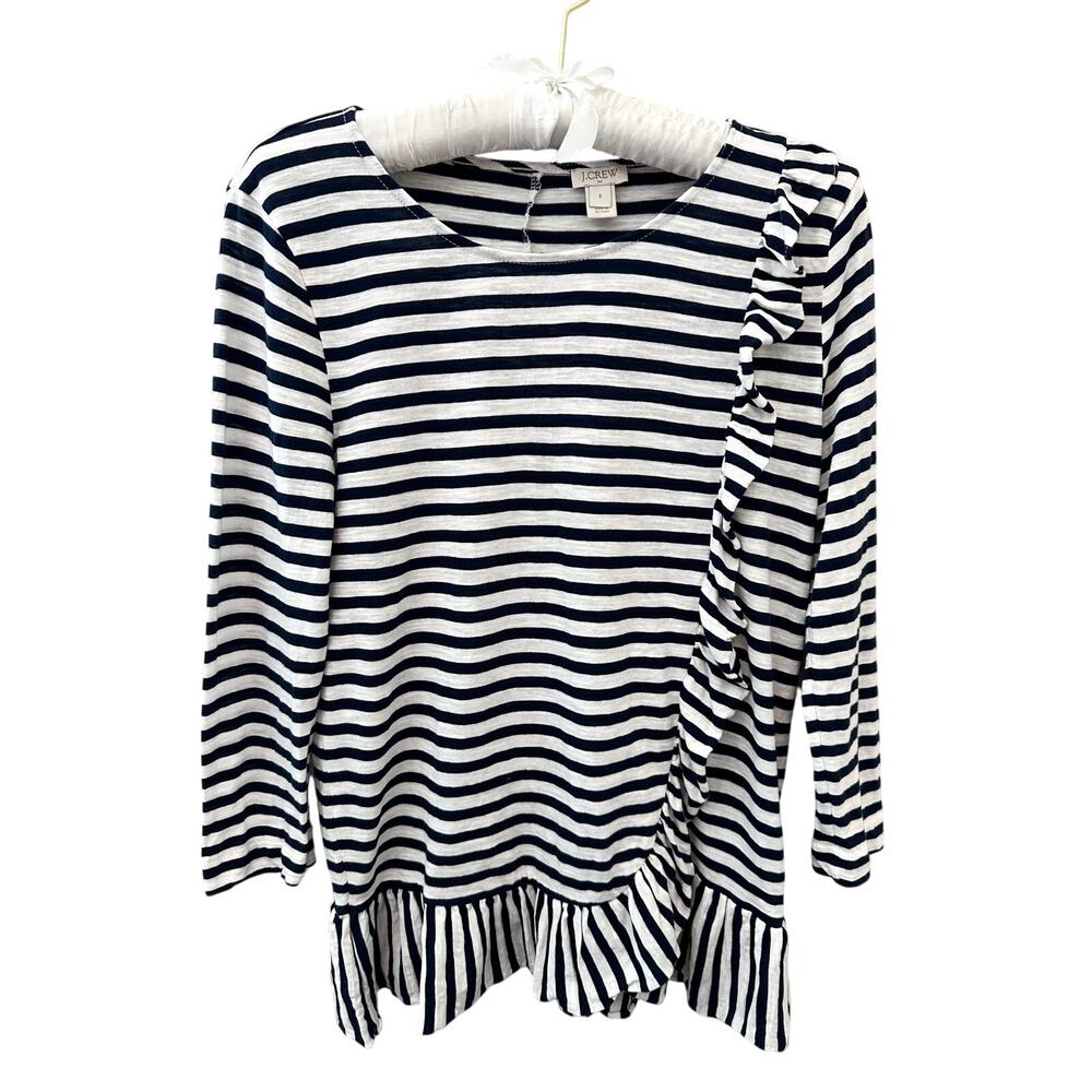 J.CREW | Navy White Striped Ruffle Hem Long Sleeve Top | Small